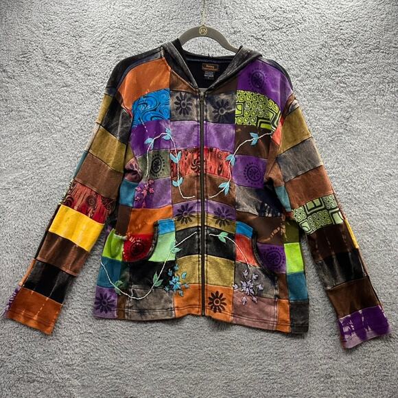 Rising International Women's Large Patchwork Colorful Hooded Zip Up Jacket Art - Picture 1 of 15